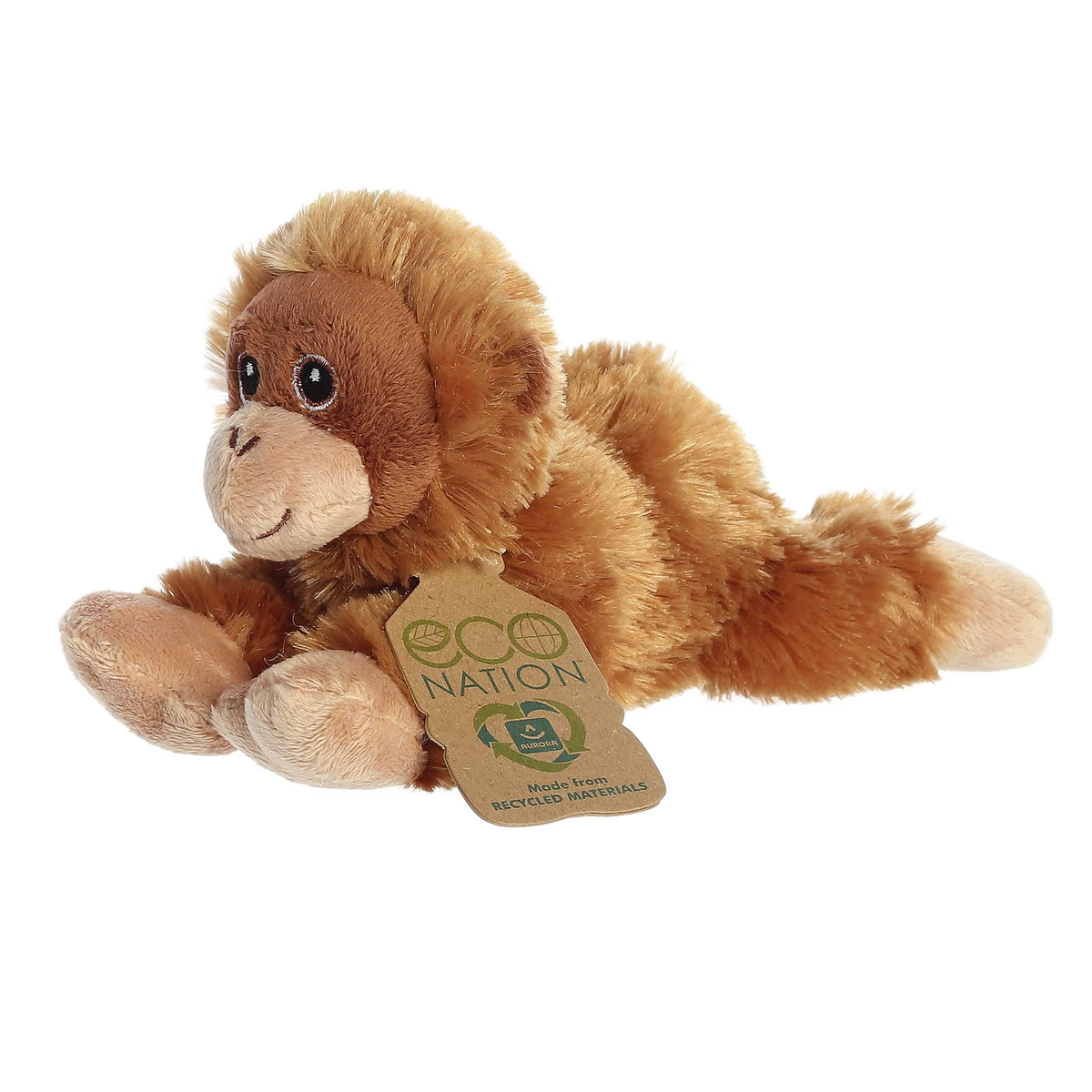 Eco Softie Orangutan Plush, showcasing deep orange fur and a gentle gaze, made from recycled materials with 'Eco Nation' tag.