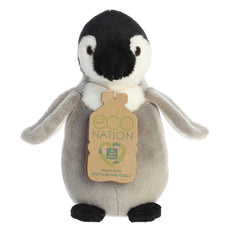 Eco Softie Baby Emperor Penguin Plush, made from recycled materials, with 'Eco Nation' tag, promoting sustainable practices.