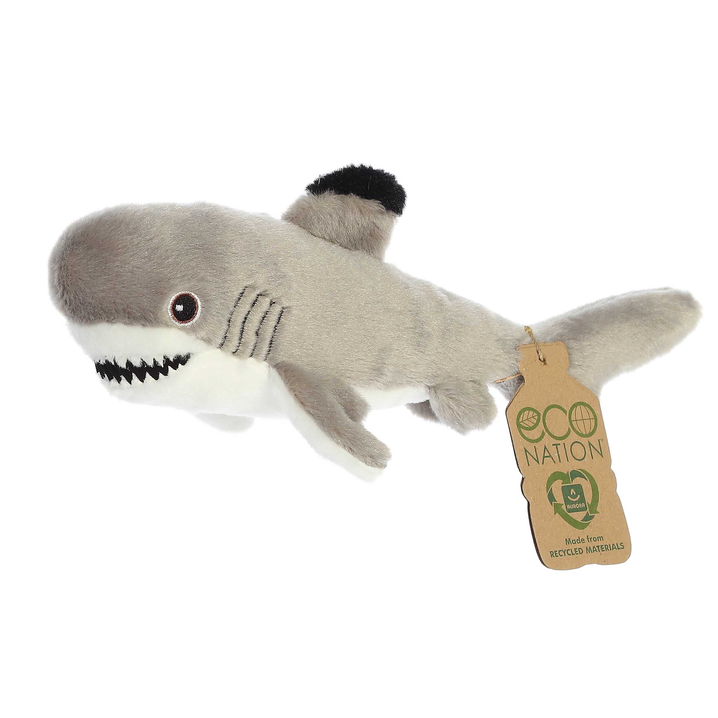 Eco Softie Black Tipped Shark Plush, featuring iconic black markings, crafted from recycled materials with 'Eco Nation' tag.