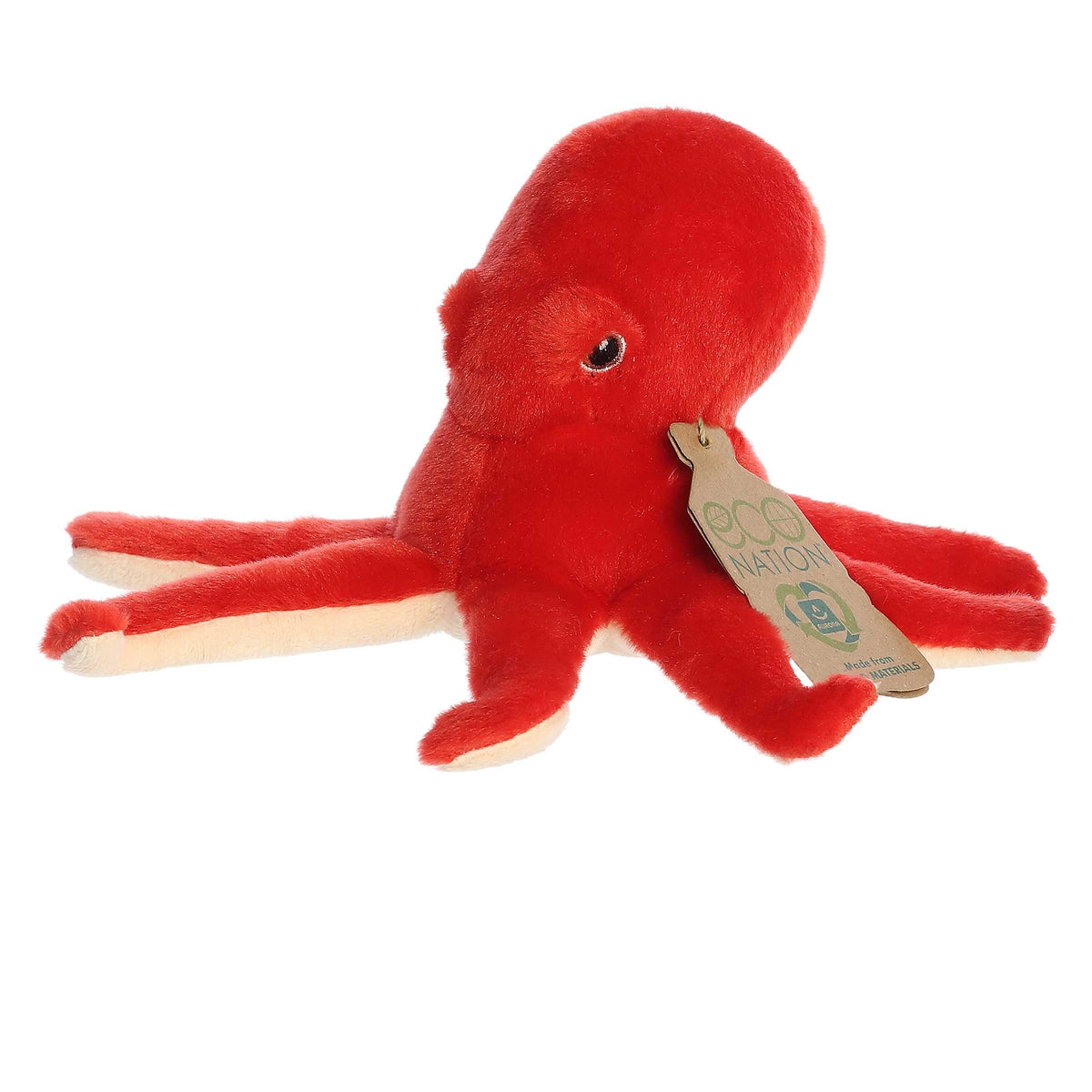 Eco Softie Octopus Plush in vibrant red, made from recycled materials, with a hang tag representing eco-sustainability.