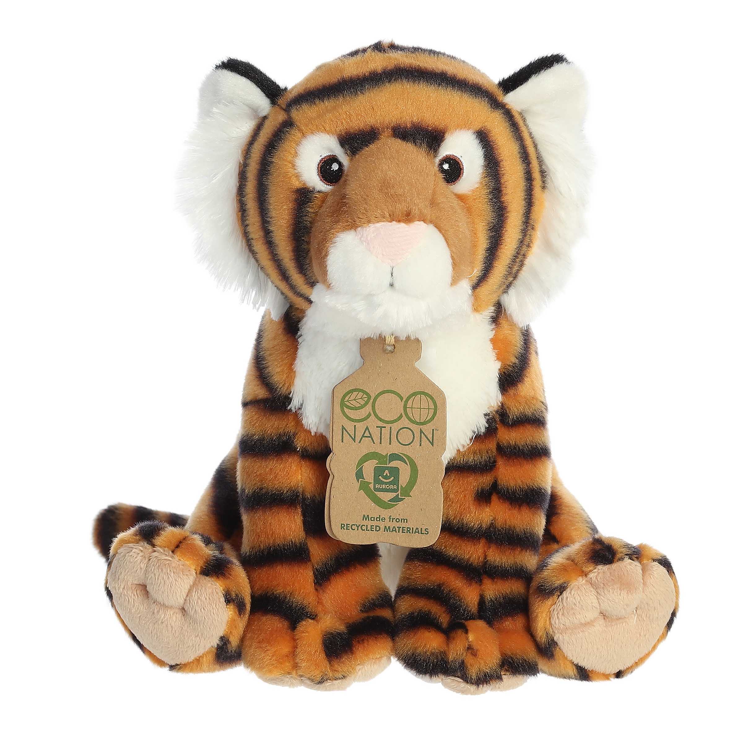 Eco Hugs Bengal Tiger Plush by Aurora, featuring vibrant stripes, with a hang tag symbolizing eco-stewardship.