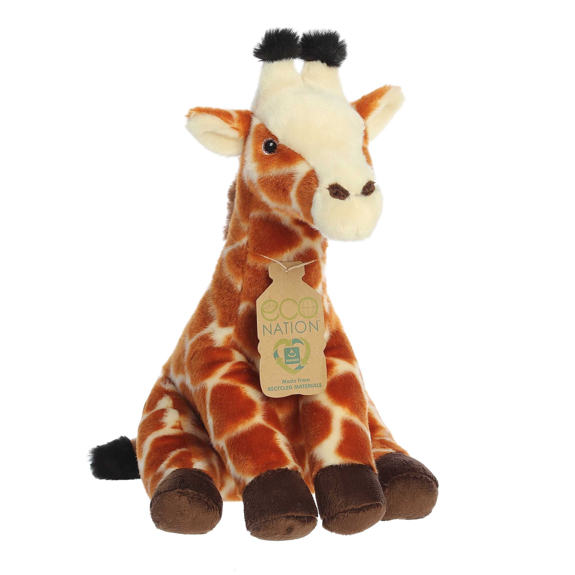 Aurora Eco Hugs Giraffe Plush, with lifelike pattern and soft fur, made from recycled materials for eco-conscious care.