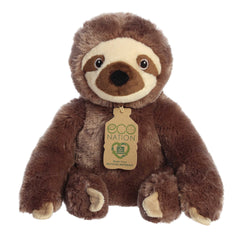 Aurora Eco Hugs Sloth Plush, cozy brown fur, serene face, with eco-friendly hang tag and a commitment to sustainability.
