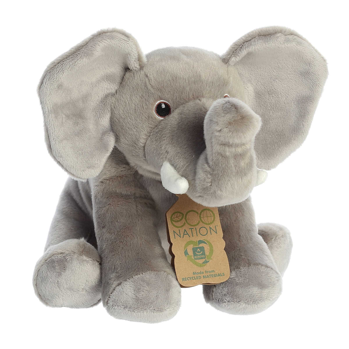 Eco Hugs Elephant plush by Aurora, made from recycled bottles, plush gray, with eco-friendly hang tag for eco-friendliness