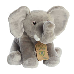Eco Hugs Elephant plush by Aurora, made from recycled bottles, plush gray, with eco-friendly hang tag for eco-friendliness