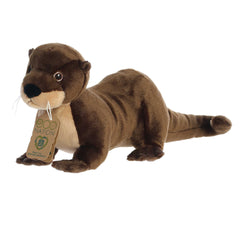 Aurora Eco Hugs River Otter Plush, with plush brown fur and lifelike stance, featuring a hang tag for its recycled origins.