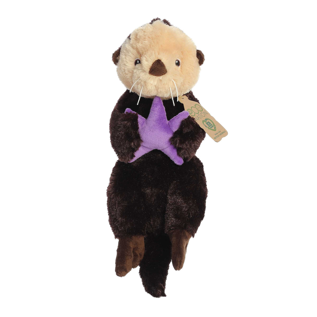Eco Hugs Sea Otter by Aurora, dark brown with a purple starfish, made from recycled materials, with an eco-friendly hang tag.
