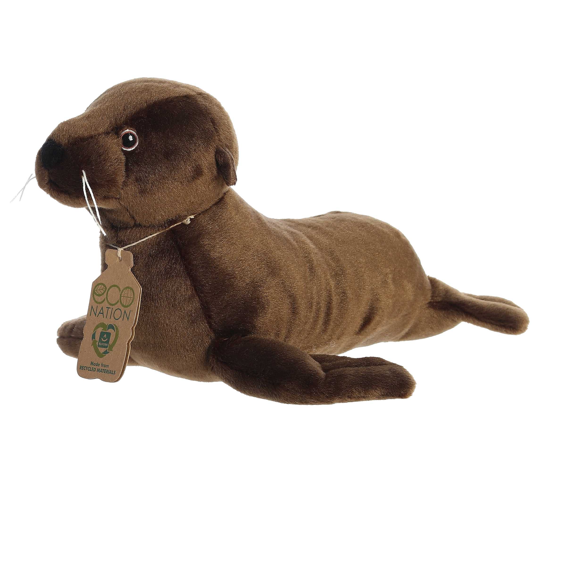 Aurora Eco Hugs Sea Lion Plush, featuring charming sea lion traits, made from recycled materials with Eco Nation hang tag.