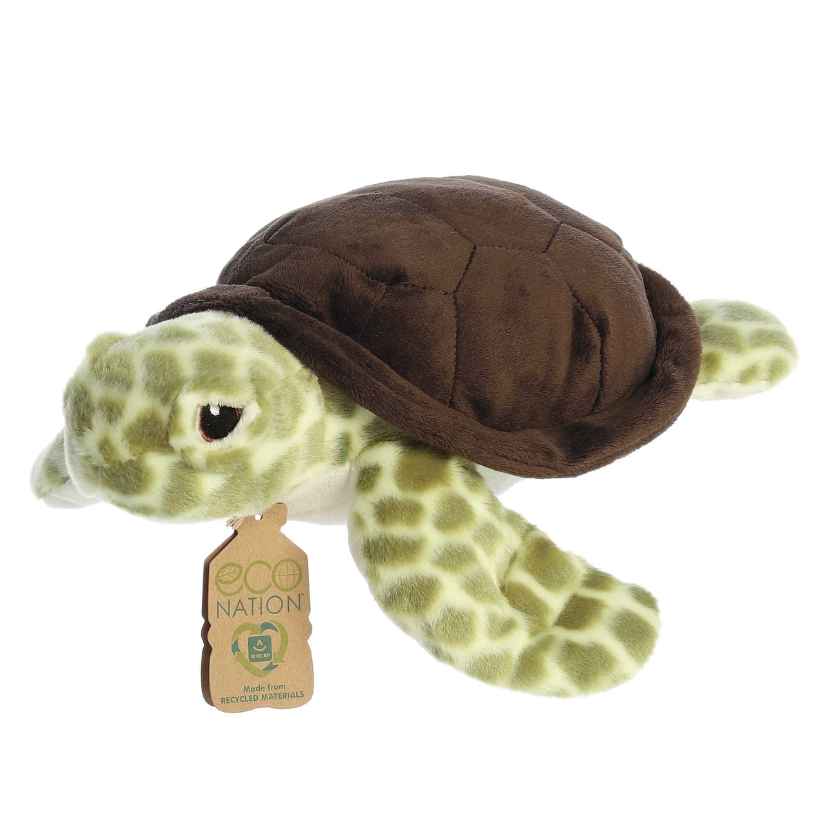 Aurora Eco Hugs Sea Turtle Plush, soft with a distinct shell, made from recycled plastics, featuring an Eco Nation hang tag.