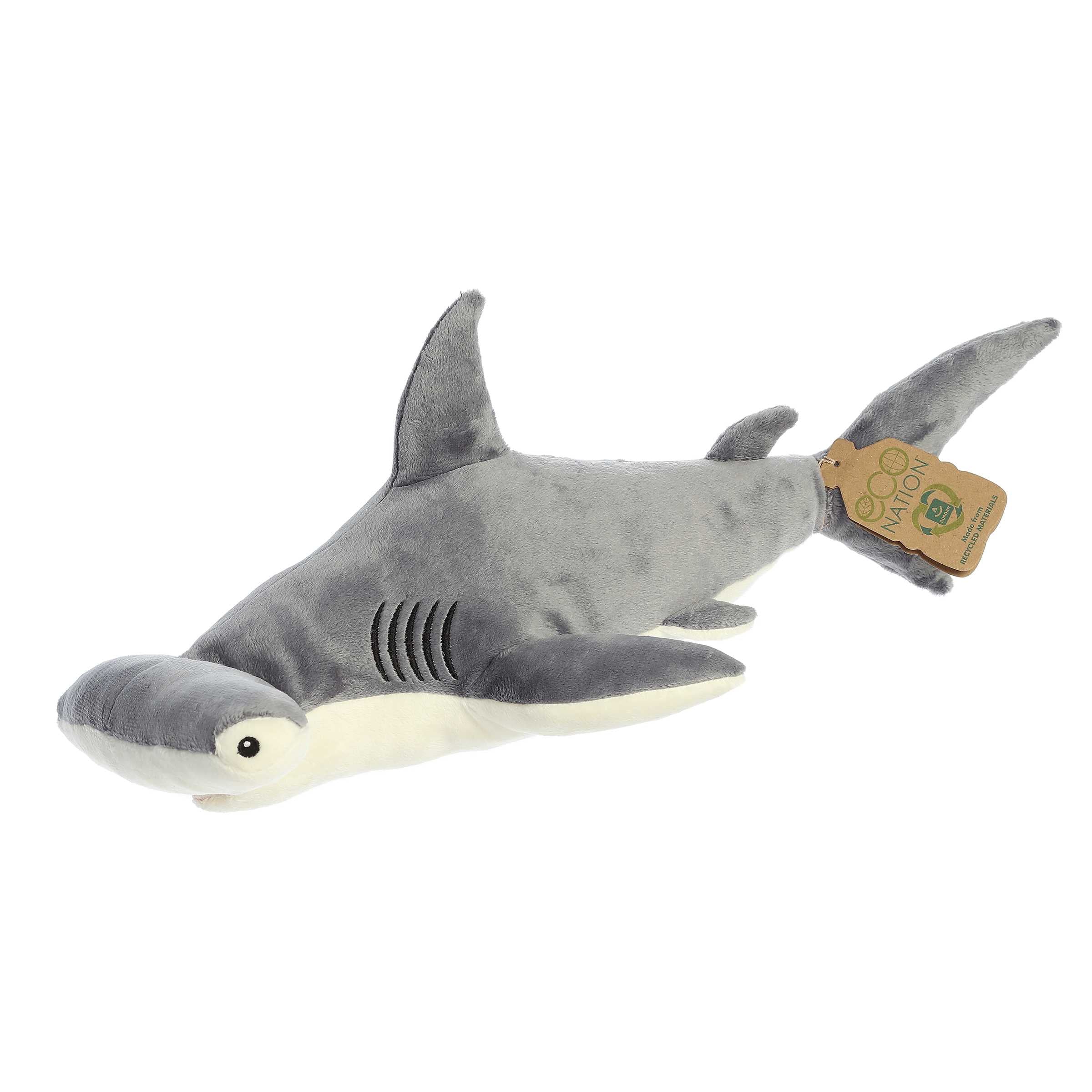 Aurora Eco Hugs Shark Plush, soft gray skin, made from recycled materials with Eco Nation hang tag for conservation.