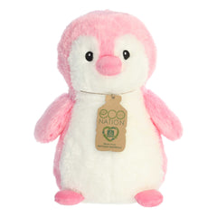 Aurora Eco Hugs Pink Penguin Plush, in a bright pink plush fabric featuring Eco Nation hang tag for green living.
