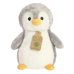 Aurora Eco Hugs Gray Penguin Plush, gray and white with yellow accents featuring Eco Nation hang tag.