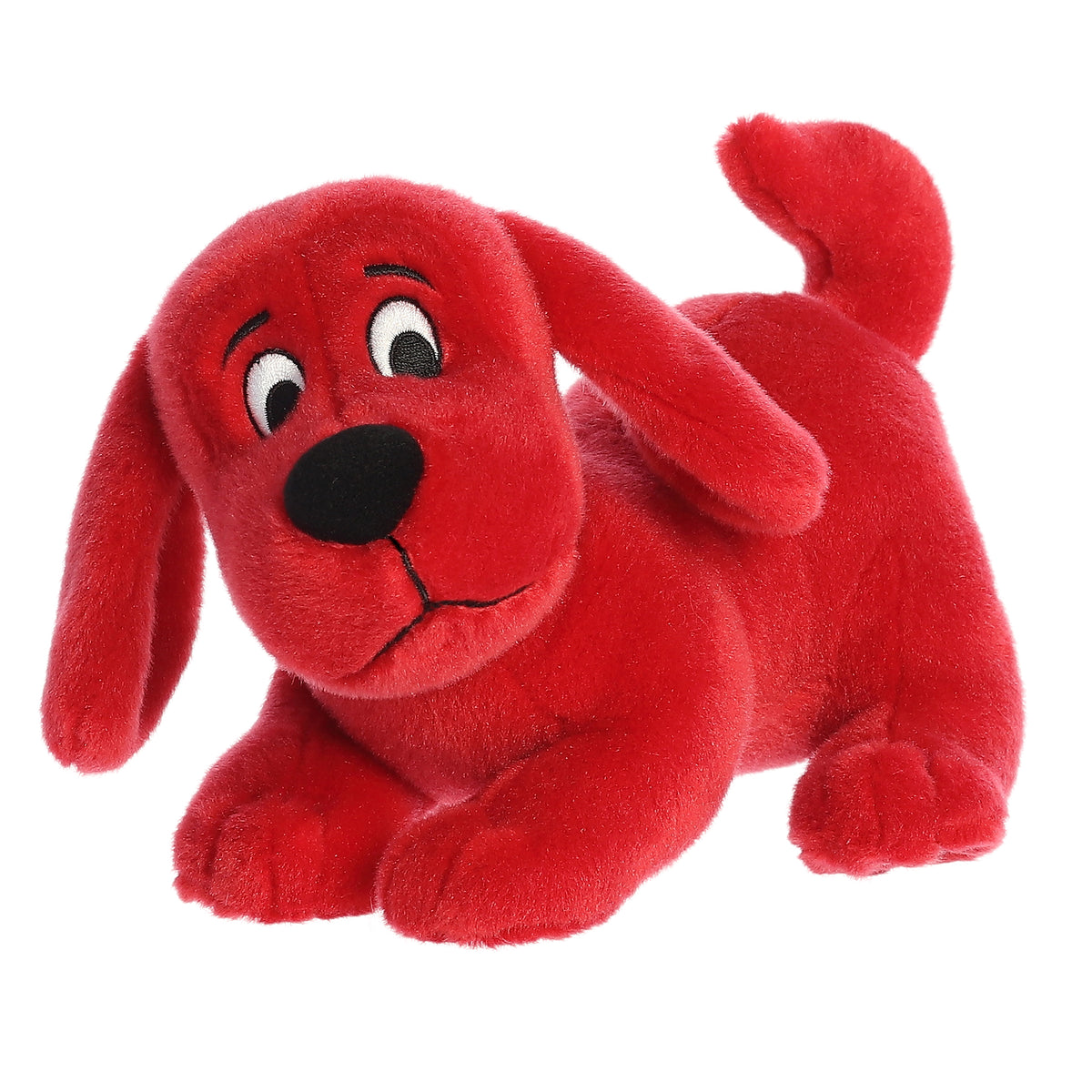 Clifford the big red dog plush by Aurora, sporting his iconic red hue and black studded collar, in a ready to play stance.