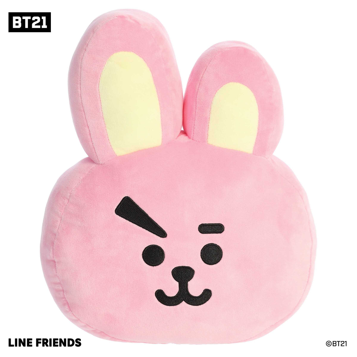 Bright pink COOKY Large Plush by BT21, with cream inner ear accents, showcasing a playful expression