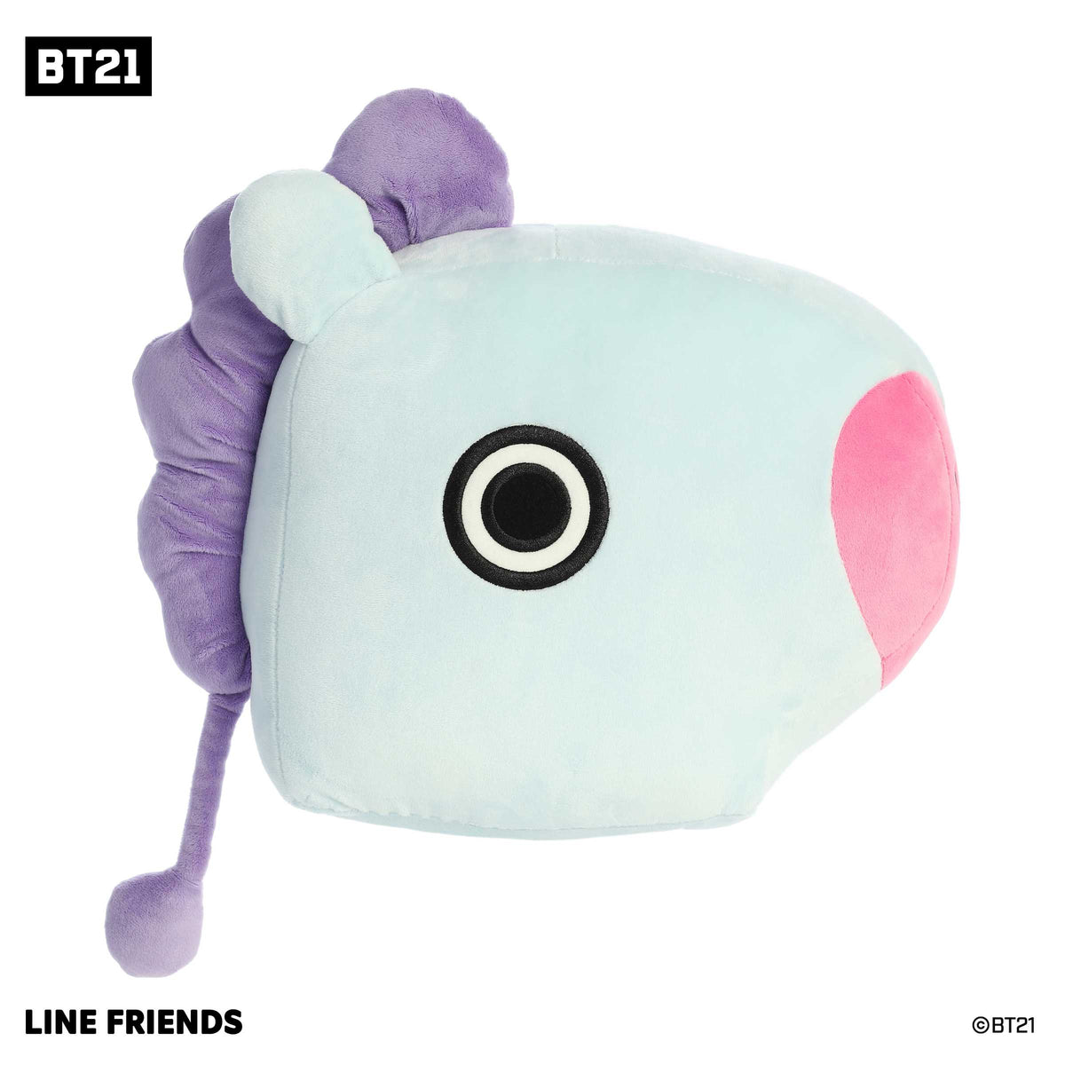 MANG Plush in dazzling blue with pink and purple accents, representing BT21's dancing aficionado with a mysterious mask.