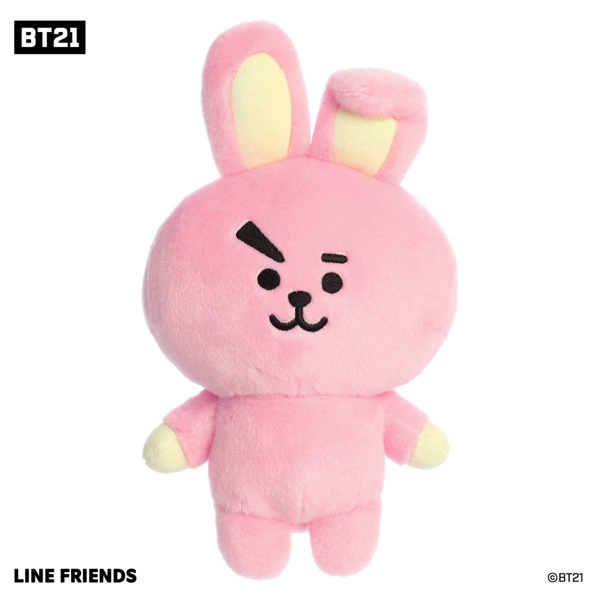 Bright pink COOKY Plush by BT21, with cream inner ear accents, showcasing a playful expression