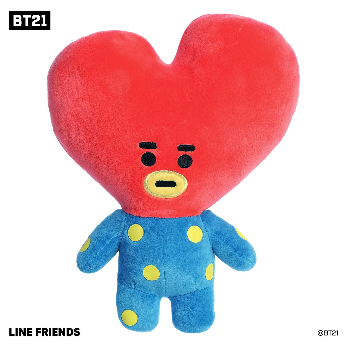 TATA Plush from BT21 in a heart-shape, symbolizing the crown prince from Planet BT with a confident expression.