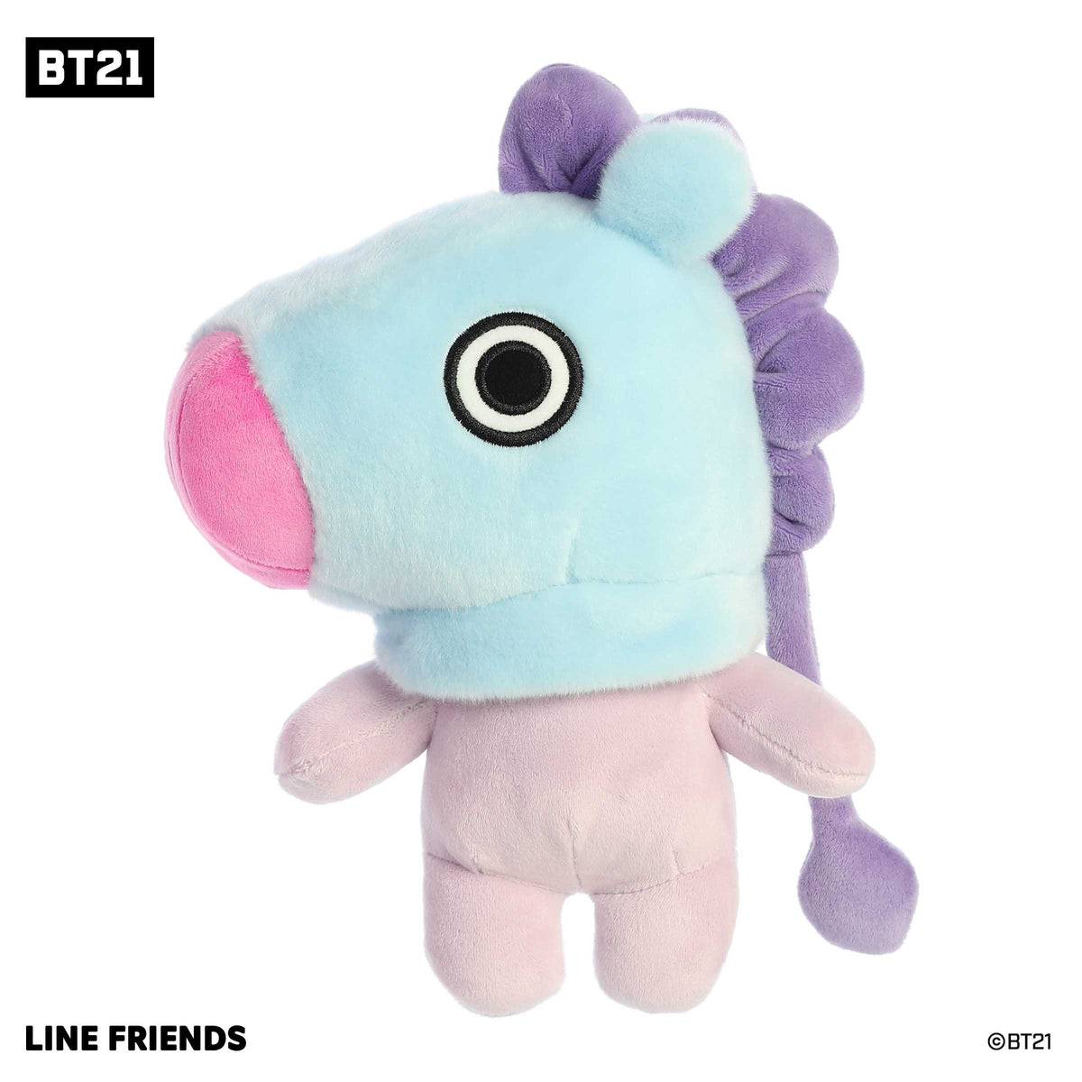 MANG Plush in dazzling blue with pink and purple accents, representing BT21's dancing aficionado with a mysterious mask.