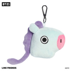 Cute BT21 plush Clip-On with a light blue fluffy body, dark purple mane, black accents on face, and an attached metal hook