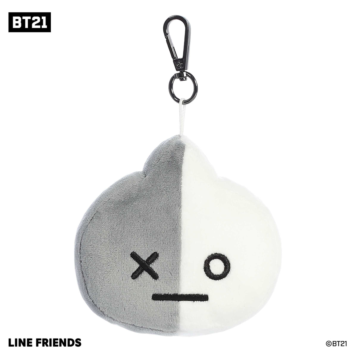 Cute Trendy BT21 plush Clip-On with a gray and white soft mini body, black accents on face, and an attached metal hook