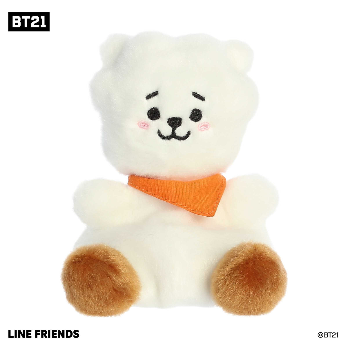 Cute mini BT21 plush toy with a fluffy white body, orange toes, wearing an orange scarf, and black accents on a smiling face