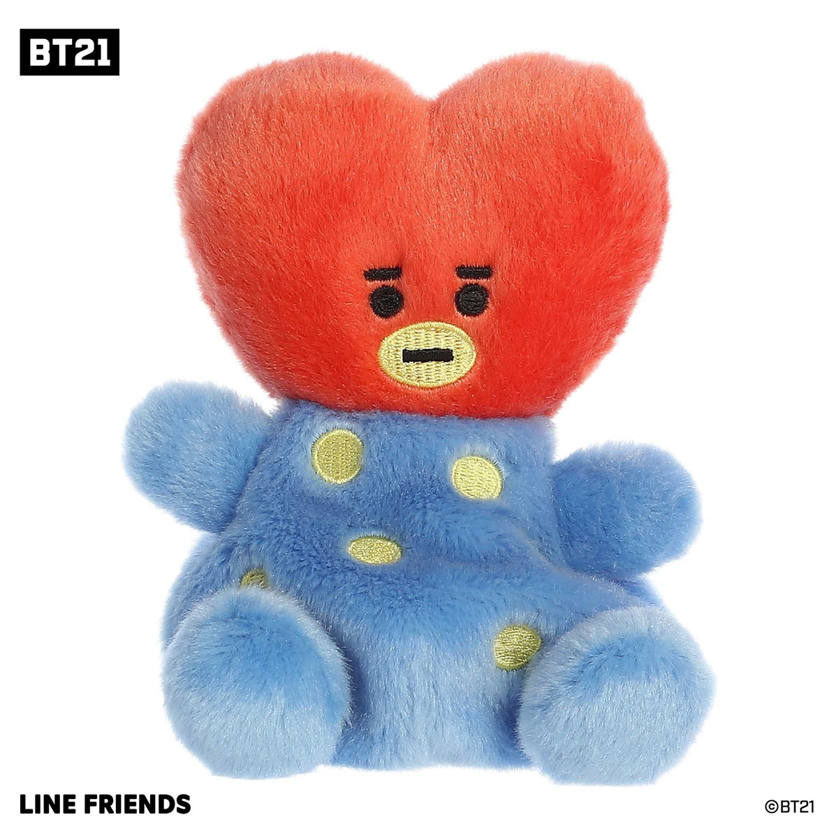 Adorable mini BT21 plush toy with a fluffy heart shaped red color head with black accents and a blue body with yellow accents