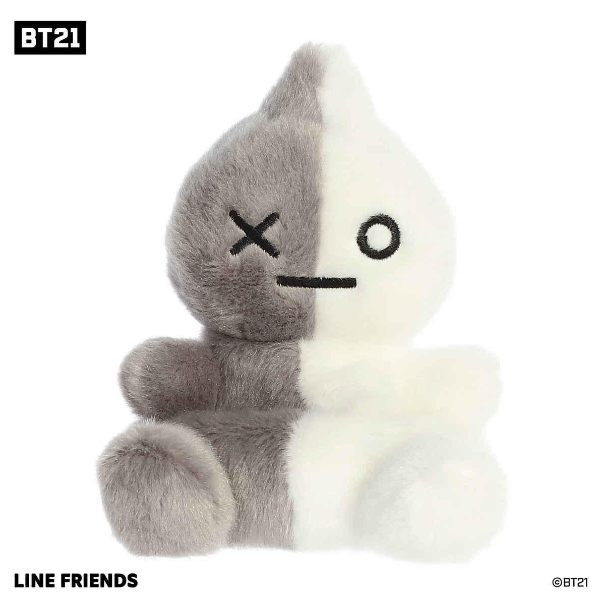 Lovable mini BT21 character plush toy with a fluffy gray and white soft mini body and black embroidery on face.