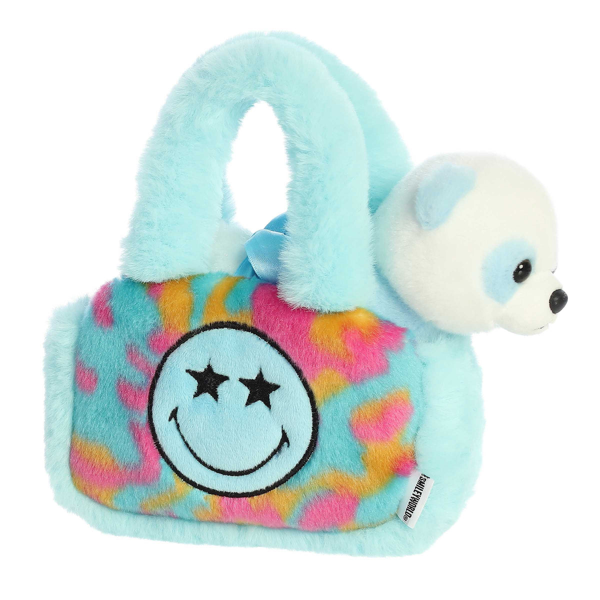 Star Eyes SmileyWorld Plush Carrier, colorful with star-filled eyes and includes a panda plush