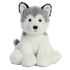 Aurora Husky Plush with plush gray and white coat and soulful blue eyes, symbolizing adventure.