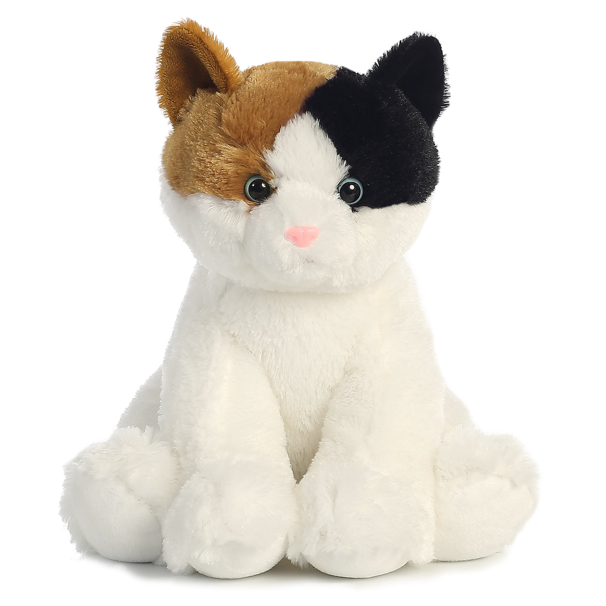 Aurora stuffed animal Esmeralda the Calico Cat Plush with a tri-color coat, bright eyes, and a pink nose.
