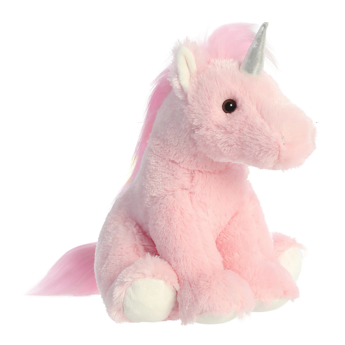 Aurora Enchanted Pink Unicorn Plush with a silver horn, pink mane and tail, and sparkling hooves.