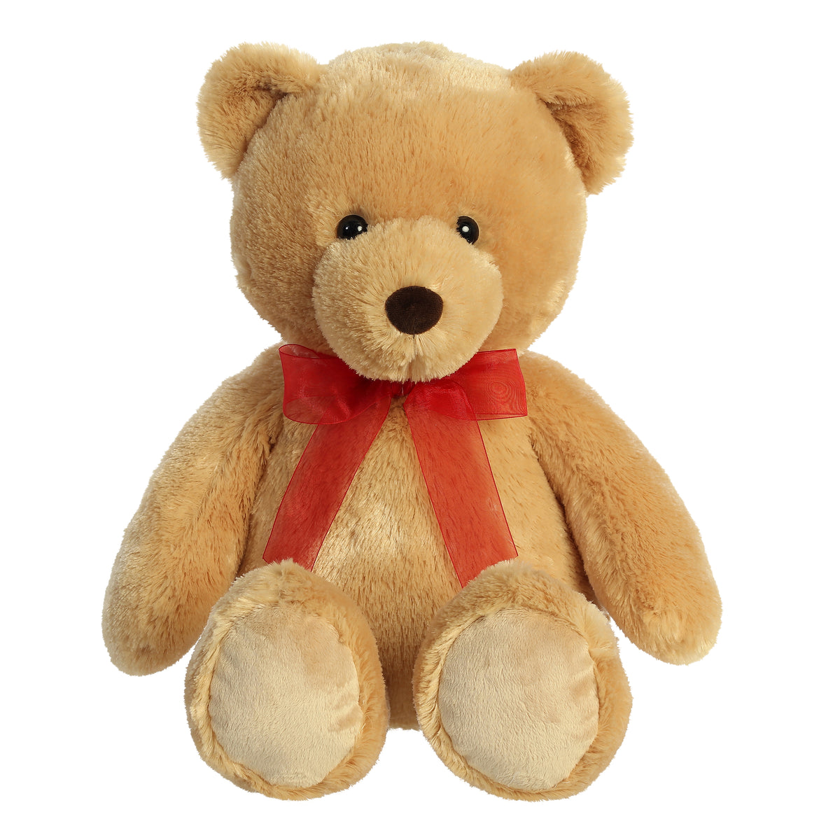 Valentine Bear stuffed animal with lustrous golden fur and a radiant red bow, a soft and heartfelt gift for Valentines