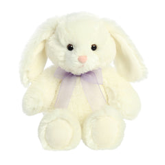 Aurora Spring Collection Plush Bunny, white fur, lavender bow, embodies spring joy!