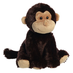 Aurora stuffed animal Monkey Plush with chocolate-brown fur, beige face, impish smile, and playful tail.
