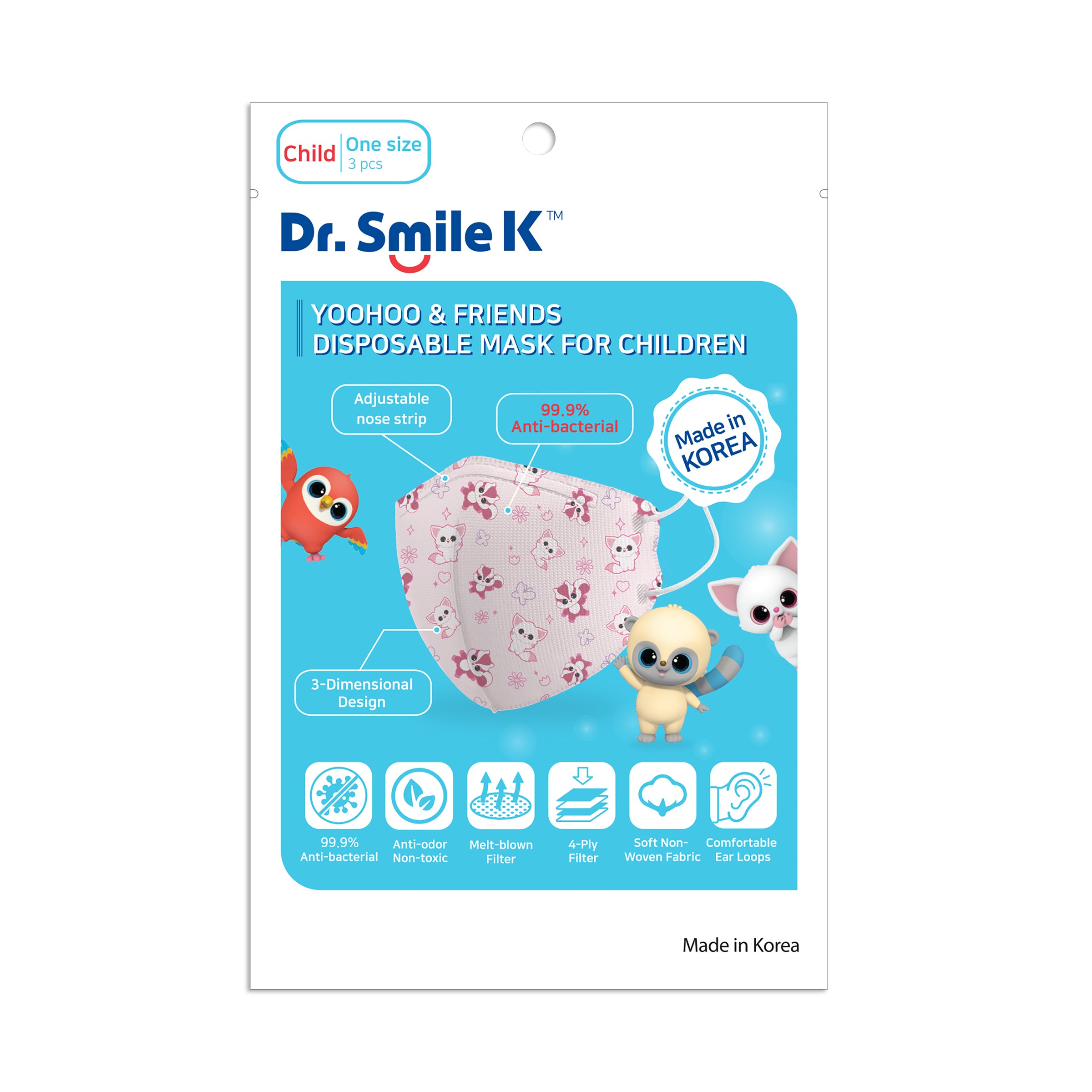 Aurora® - YooHoo - Dr. Smile K - Paquete de 15 - Mascarilla desechable de mariposa unisex con filtro de 4 capas para niños