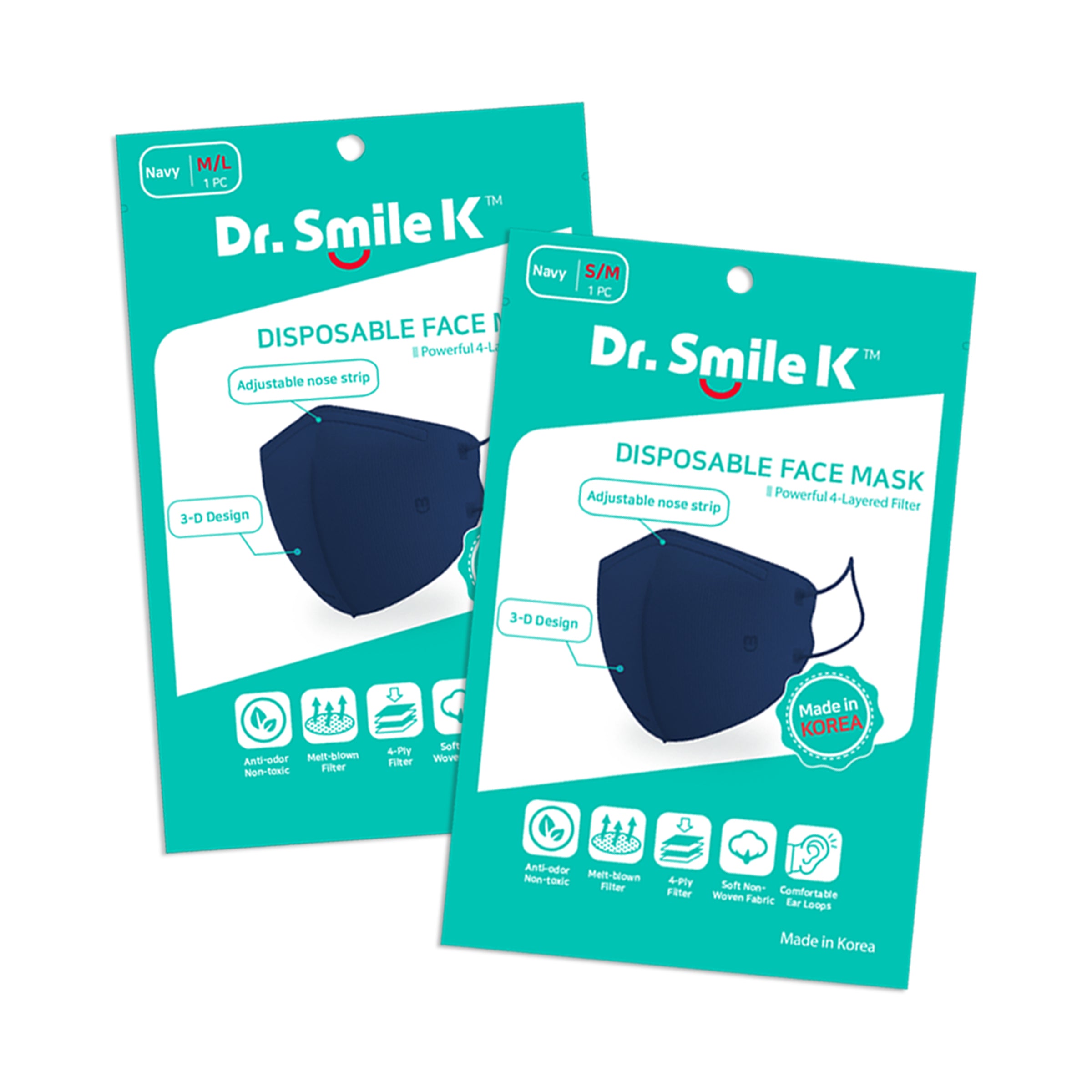 Aurora® - Dr. Smile K - Paquete de 2 mascarillas desechables de muestra azul marino - Tallas: S/M y M/L