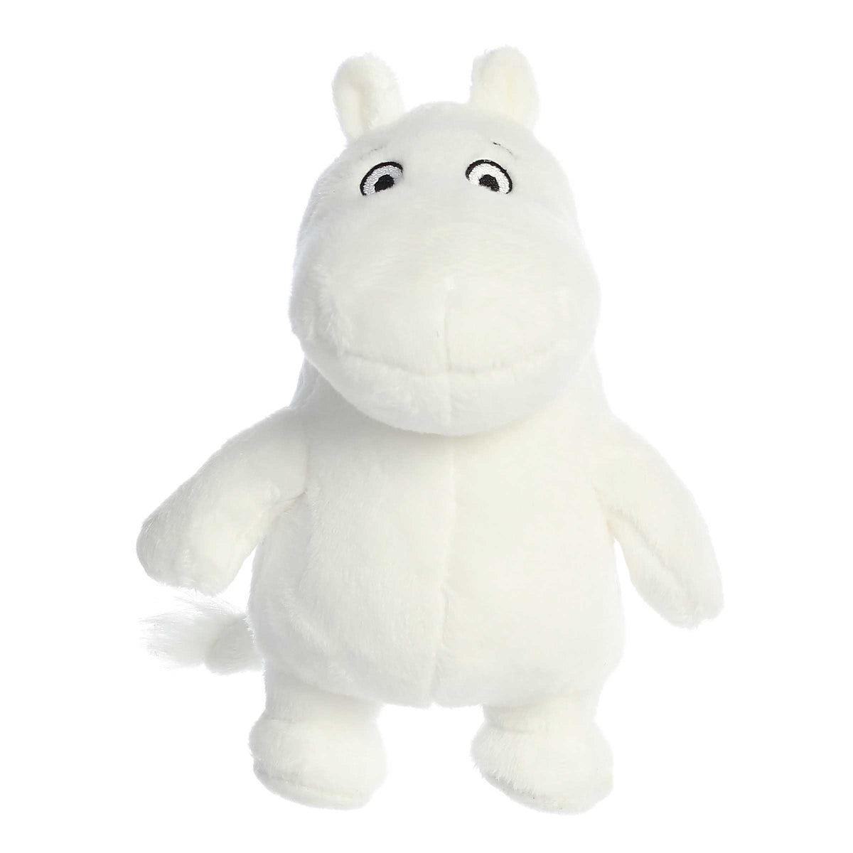 A Soft white Moomin plush standing up, with the iconic plump body and expressive eyes, ready for cozy snuggles