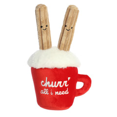Two churros in hot cocoa plush with "Churr' all I need" text, from Aurora's Just Sayin' collection for Valentine's Day