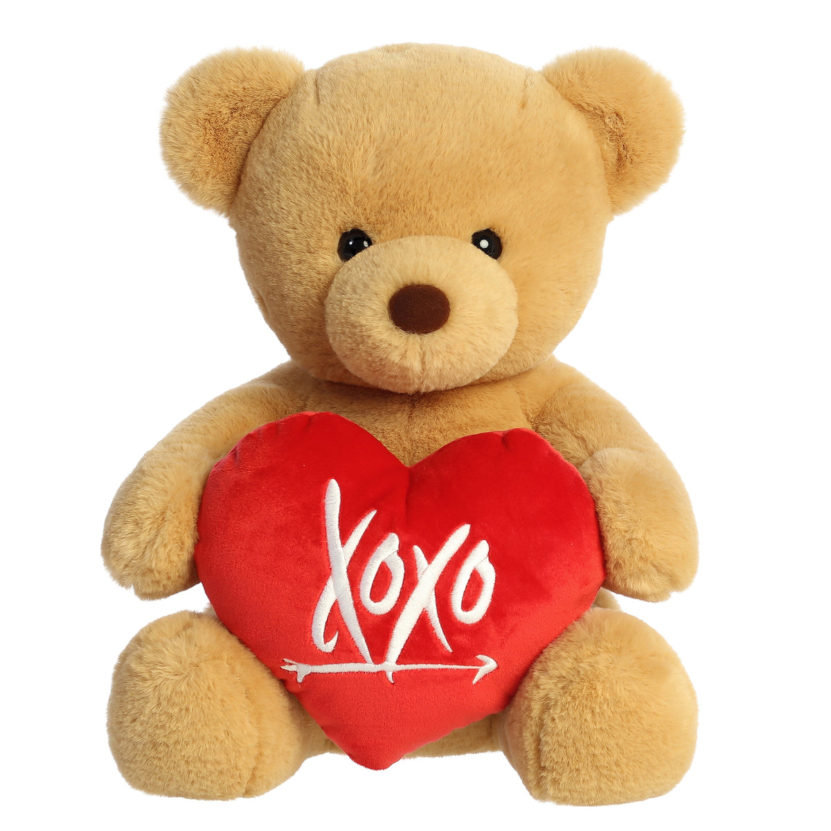 Golden brown bear plush from Aurora's Bear Stuffed Animals collection, holding a red heart with "XOXO" for Valentine's Day