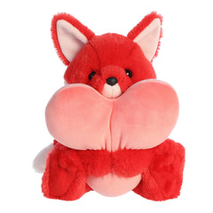 Fox plush from Heart Huggers, with vibrant red fur, embracing an oversized heart, symbolizing love and companionship.