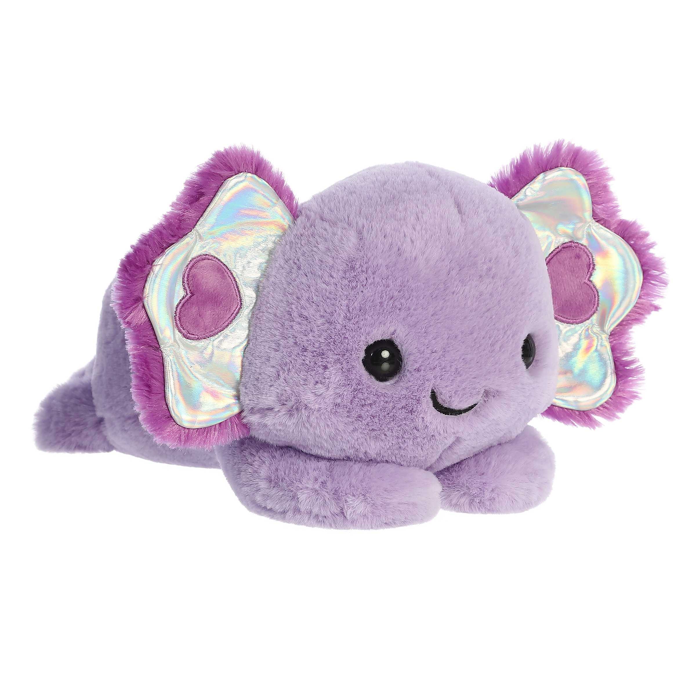 Axolotl plush, boasting rich pruple coat, smiling face, and embroidered heart details, symbolizing joy and affection