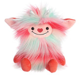 Monster plush in gradient coral and mint, with a fluffy mane, heart-shaped nose, and rust-colored feet.