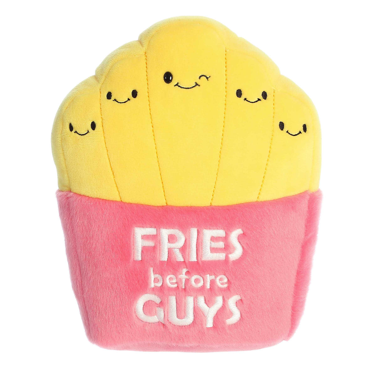 Plush fries in a vibrant red container with 'Fries Before Guys' embroidery, featuring smiling expressions and playful fries