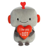 Gray and red robot Aurora plush holding a heart with the phrase 'I Like You a Bot'