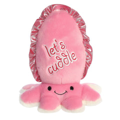 Pink cuttlefish plush with 'Let's Cuddle' embroidered on its body, showcasing a playful and affectionate design for cuddles.