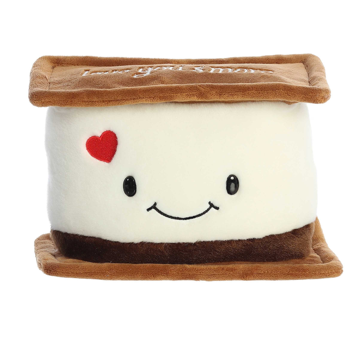 Plush s'more toy with graham crackers, chocolate, smiling marshmallow, and 'love you s'more' message from Aurora plush