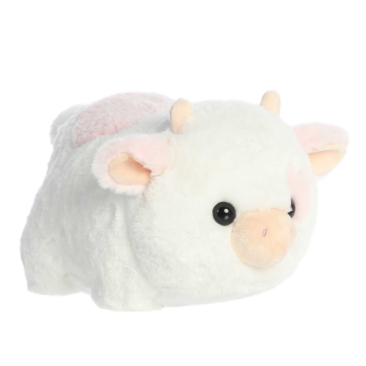 Cow plush with a white body, strawberry pink spots, peach-cream nose, and horns, embodying the Spudsters charm.