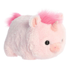 Unicorn plush from Spudsters, featuring a soft pink body, spiraled horn, and hot pink mane, capturing the essence of magic.