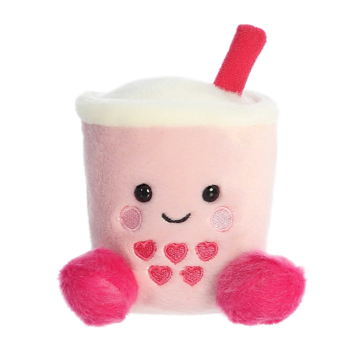 Adorable Boba tea plush from Palm Pals, designed as a boba cup with hearts and hot pink feet, radiating love and joy