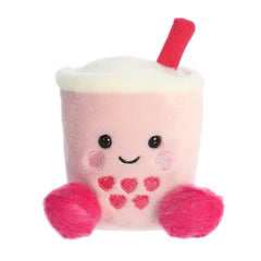 Adorable Boba tea plush from Palm Pals, designed as a boba cup with hearts and hot pink feet, radiating love and joy